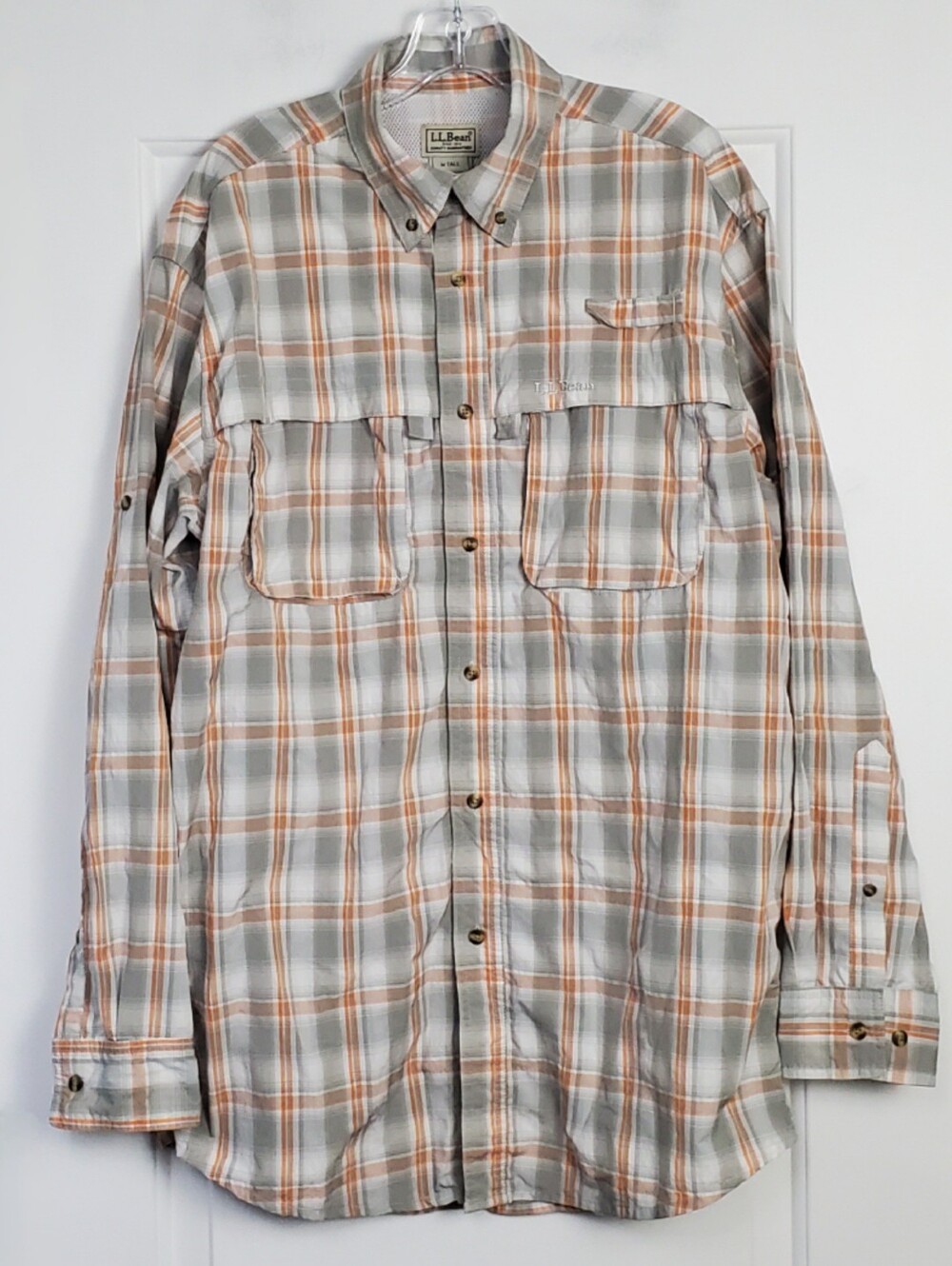 LL Bean Mens Plaid Tropicwear Button Up Vented Fishing Shirt - Size M Tall - GUC